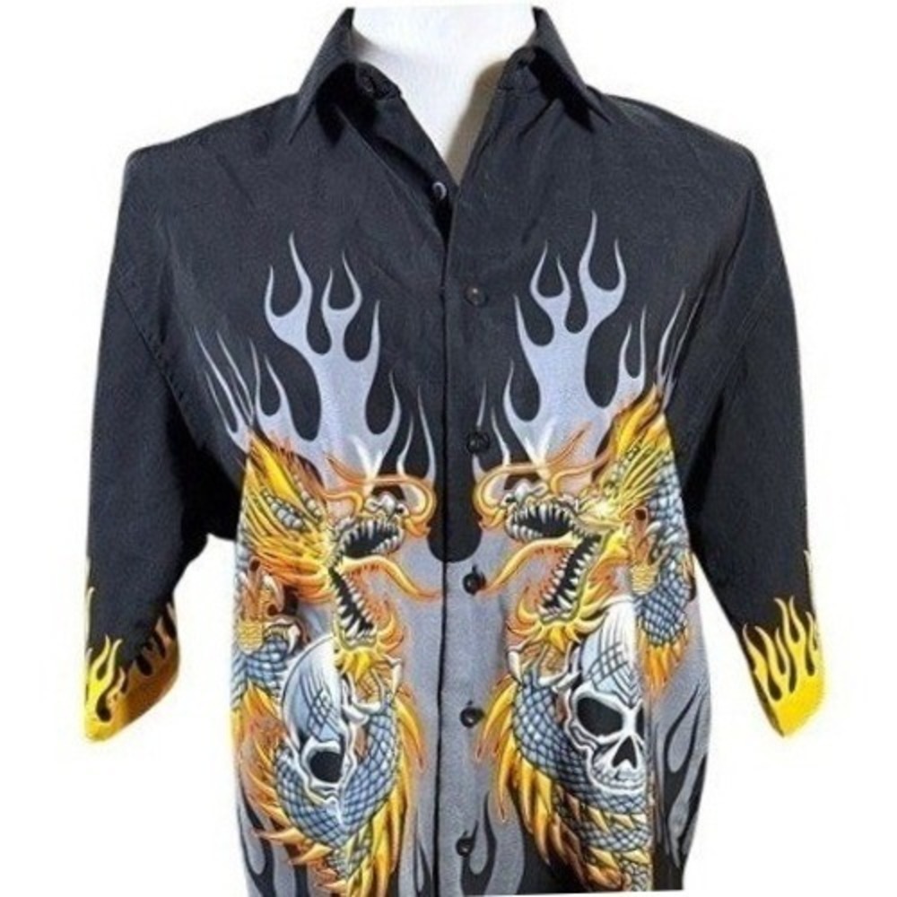 Authentic Shaolin Mens XL Dragon Skull Flame Graphic Button Down Shirt Black Y2K